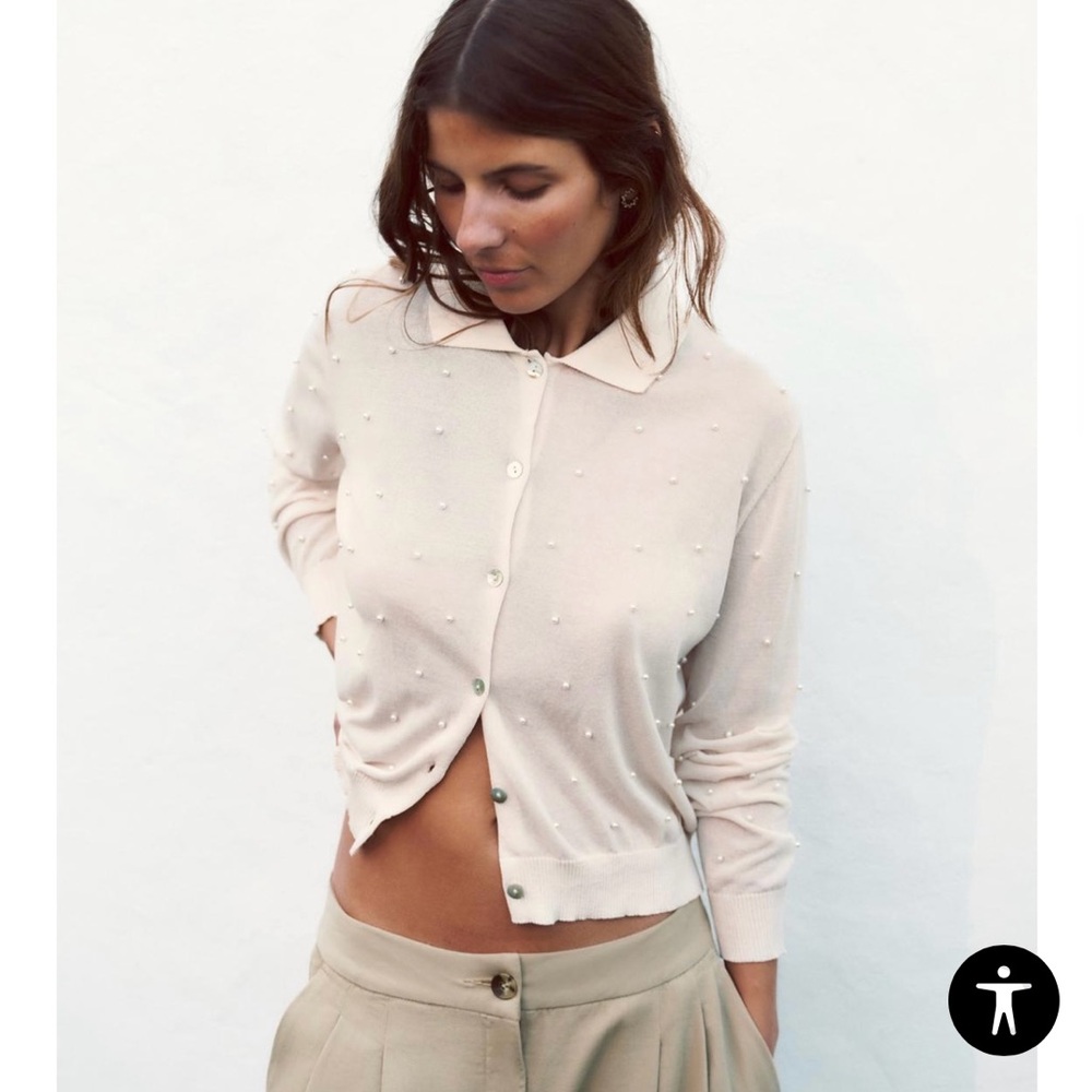 Zara Light Cream/Pink Knit Cardigan with faux pearl appliqués